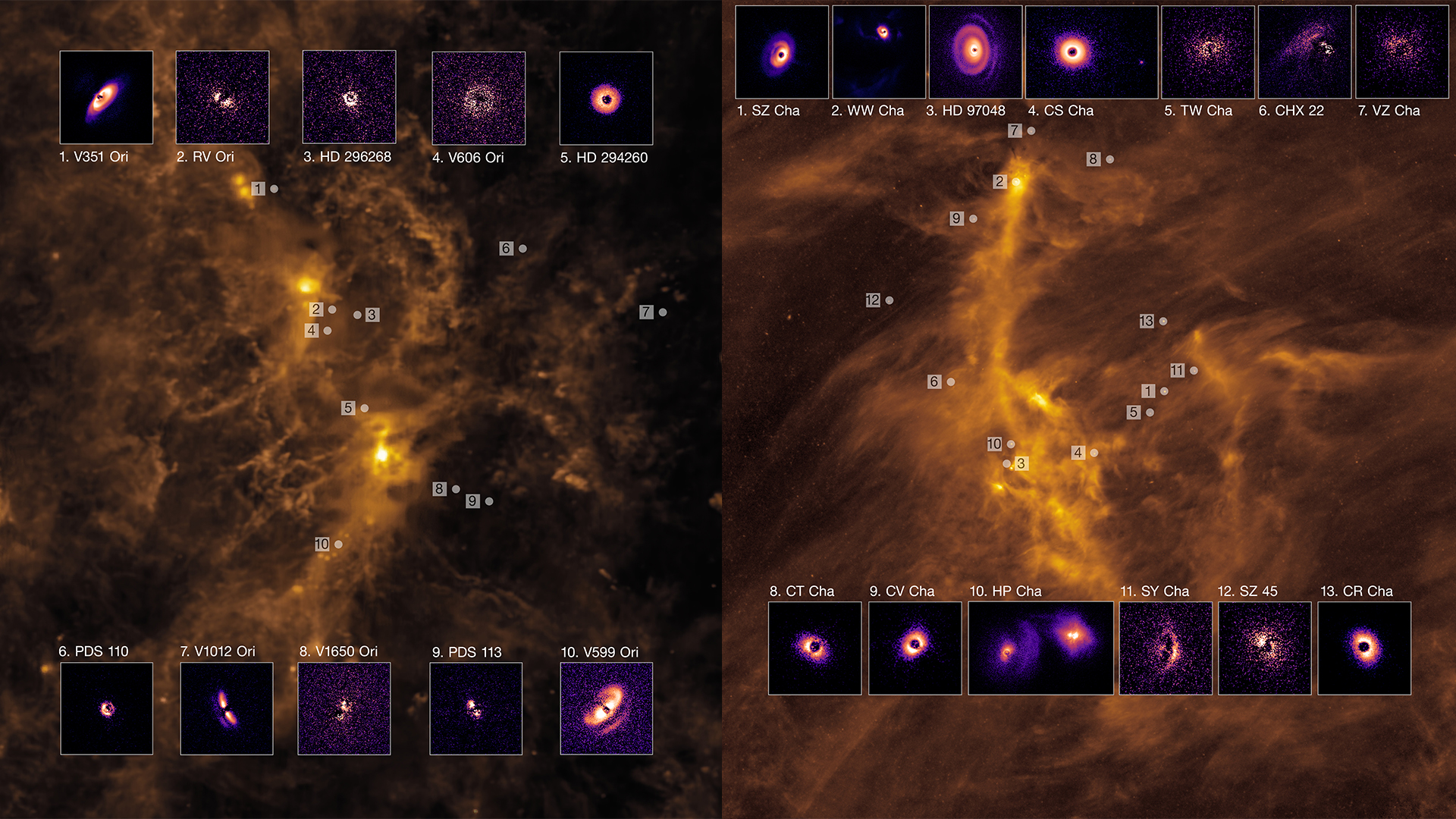 The remaining discs overlayed to their respective nebulae. Once again very different structures