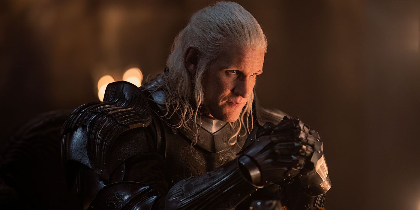 Daemon Targaryen in armor kneeling in House of the Dragon Season 2