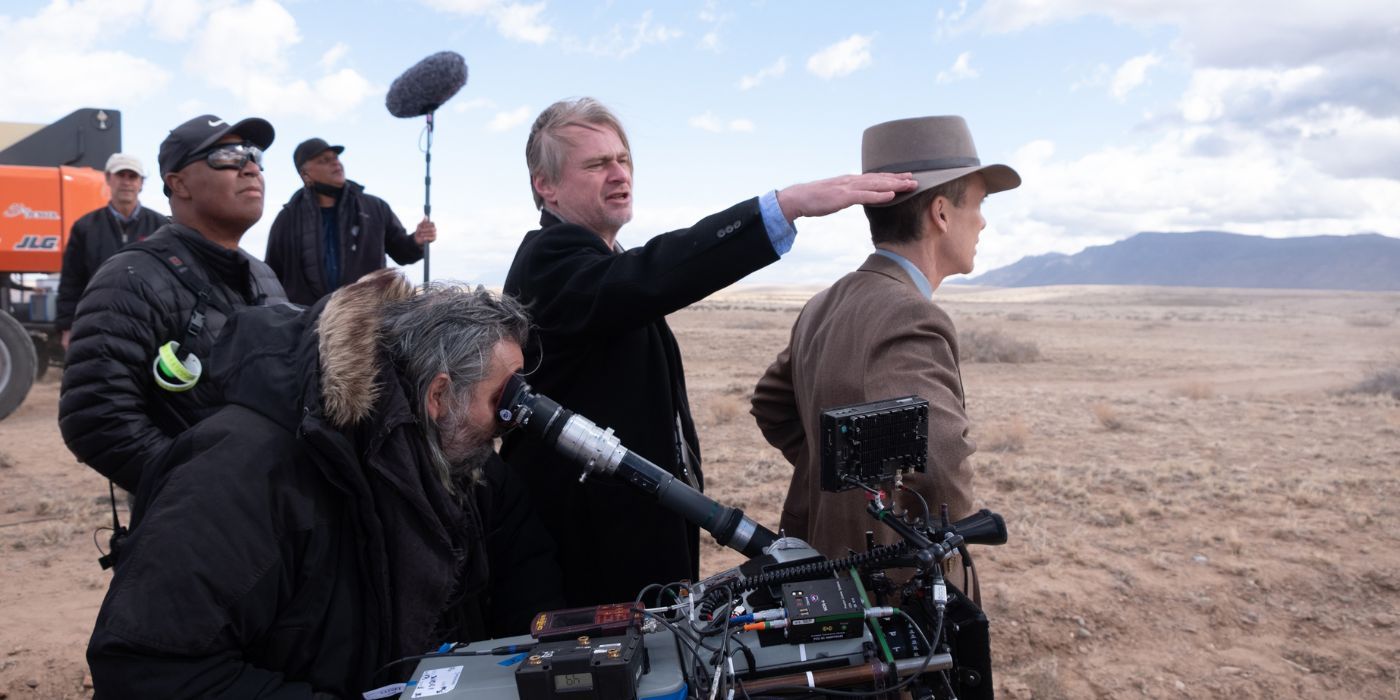 Christopher Nolan, Hoyte van Hoytema, and Cillian Murphy Oppenheimer on the set of Oppenheimer