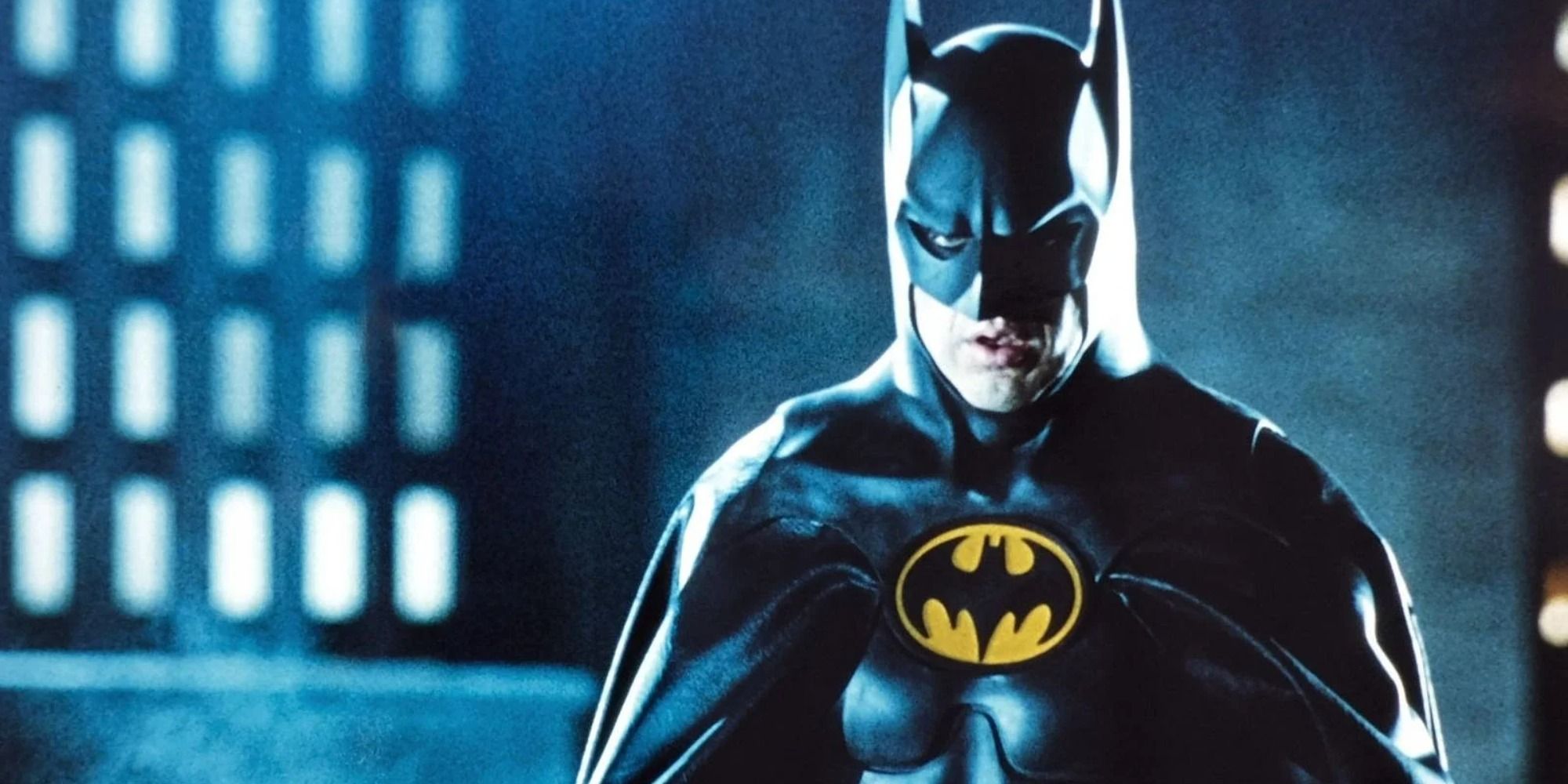 Michael Keaton as Batman watches over Gotham City.