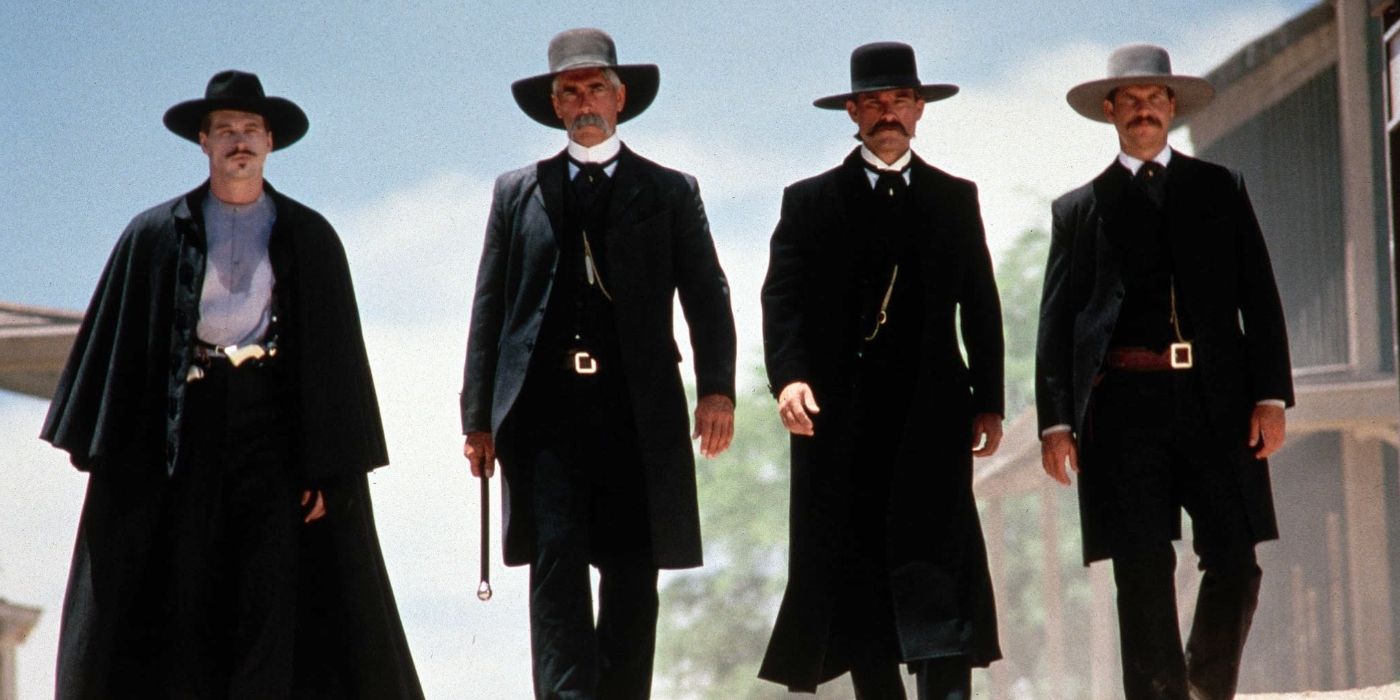 Val Kilmer, Sam Elliott, Kurt Russell, and Bill Paxton as Doc Holliday, Virgil Earp, Wyatt Earp, and Morgan Earp in Tombstone
