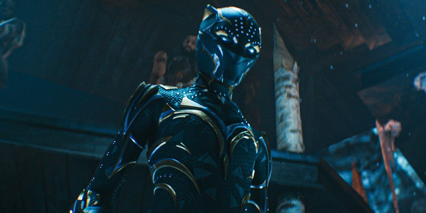 Shuri wearing the Black Panther suit in Wakanda Forever.