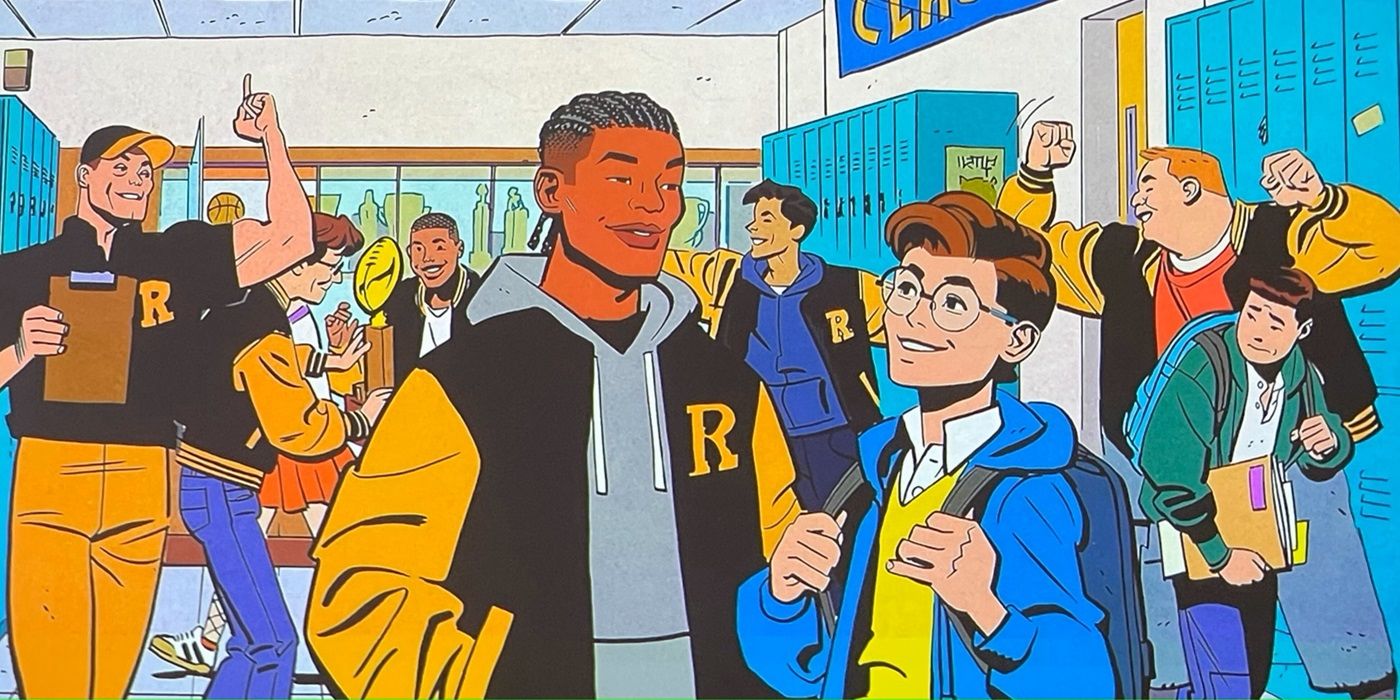 Cropped photo of an animated Peter Parker standing in the hallway of his school, alongside his classmates and staff, in Spider-Man: Freshman Year