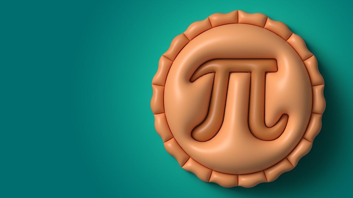 An illustration of the mathematical symbol pi etched into a piece of pi on a green background