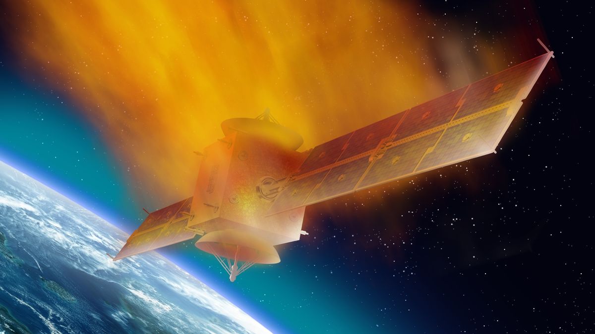 An illustration of a satellite burning up in Earth