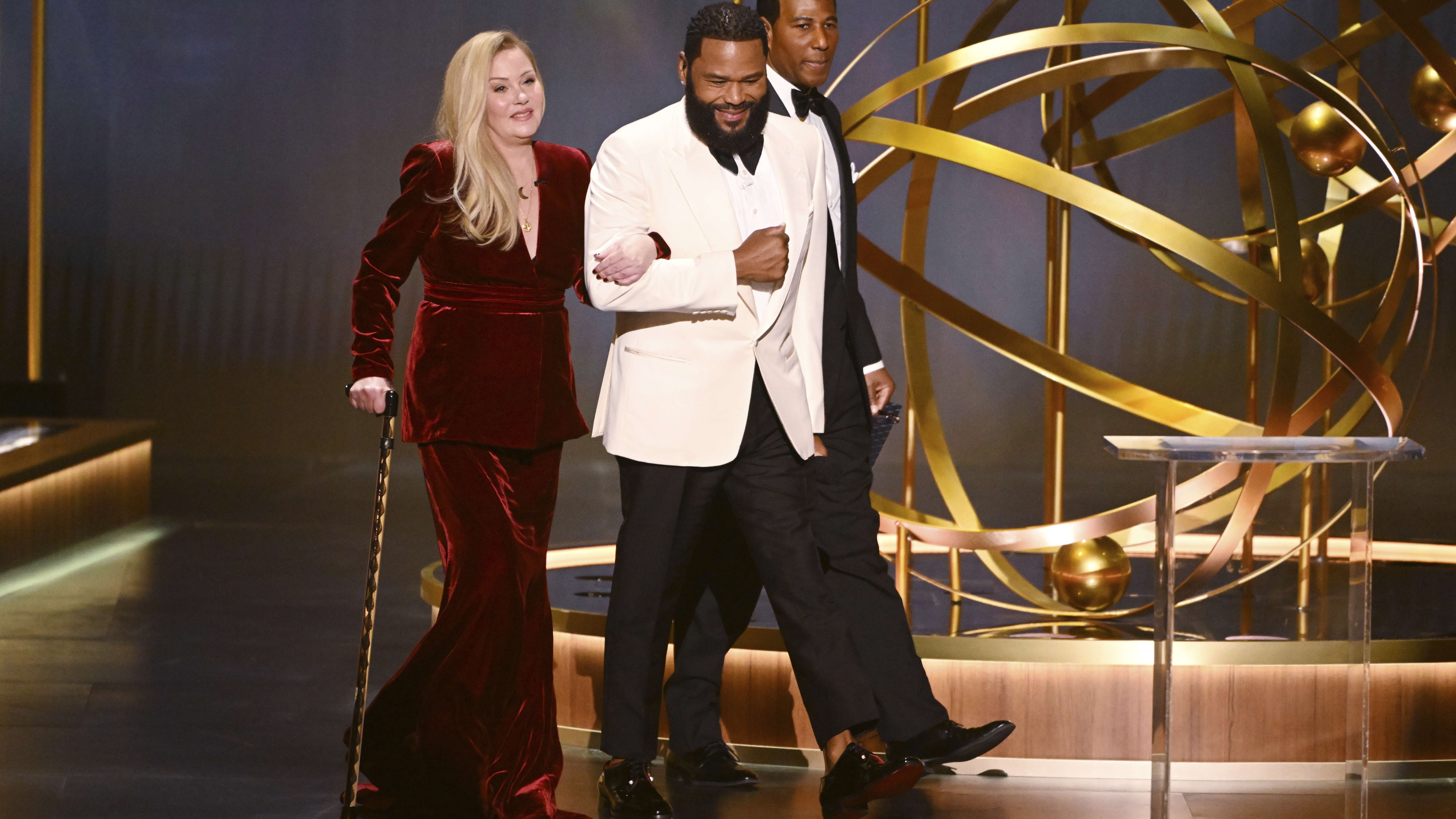 Christina Applegate arrives on stage at the 75th Emmy Awards on Monday, Jan. 15, 2024 at the Peacock Theater in Los Angeles.