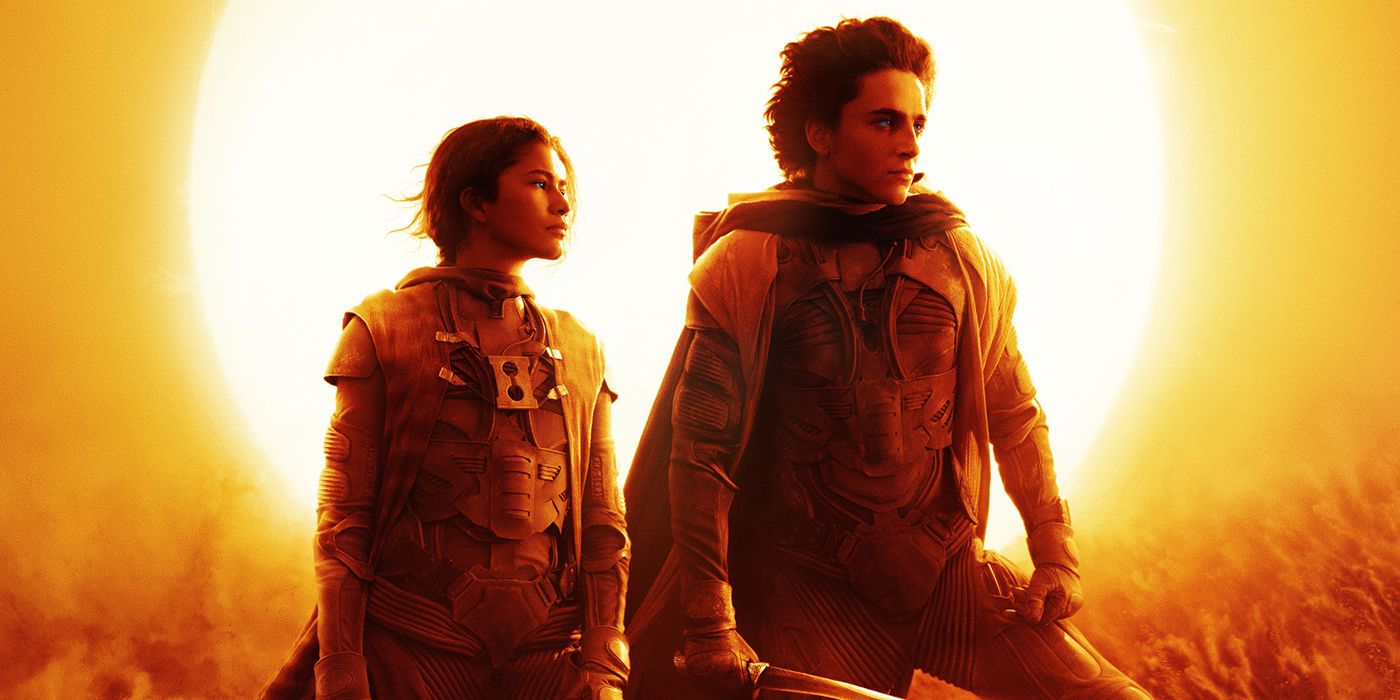 Timothée Chalamet as Paul and Zendaya as Chani overlooking the desert of Arrakis with the beating sun rising behind them in a poster from Dune: Part Two. 