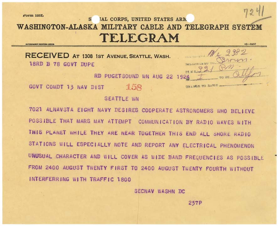 A telegram sent asking for cooperation in the search for alien life.