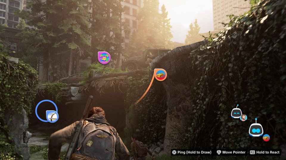 Screen still from The Last of Us Part II, featuring Share Screen interactions. The player’s audience members have arrows (circles with upward-left-facing arrows) at various points on the screen.