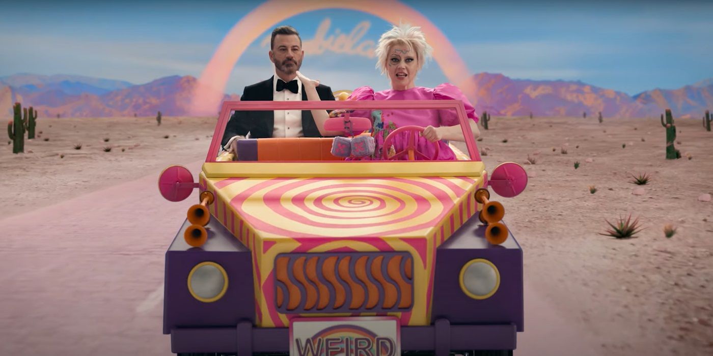 Jimmy Kimmel and Kate McKinnon as Weird Barbie driving through Barbieland in a promo for the Oscars