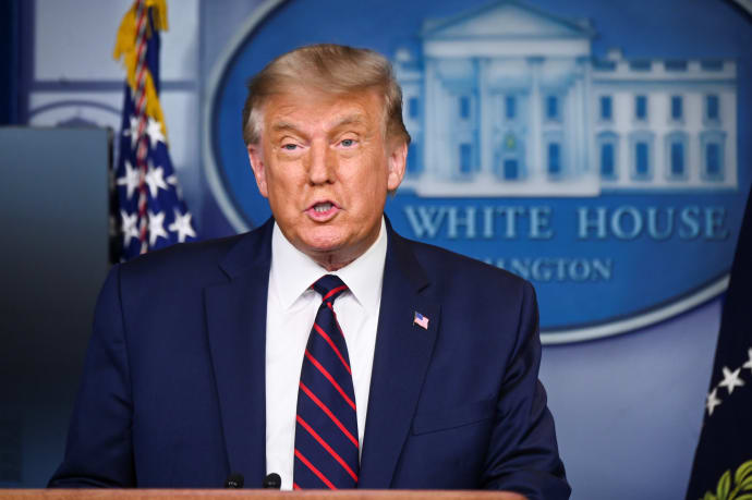 U.S. President Donald Trump holds a news conference about the latest coronavirus disease (COVID-19) developments, in the Brady Press Briefing Room of the White House in Washington, U.S. August 23, 2020.